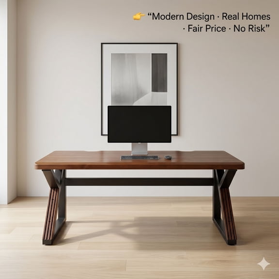 GOMYHOME 63" Solid Wood Double Computer Desk with Metal K-Frame, Walnut