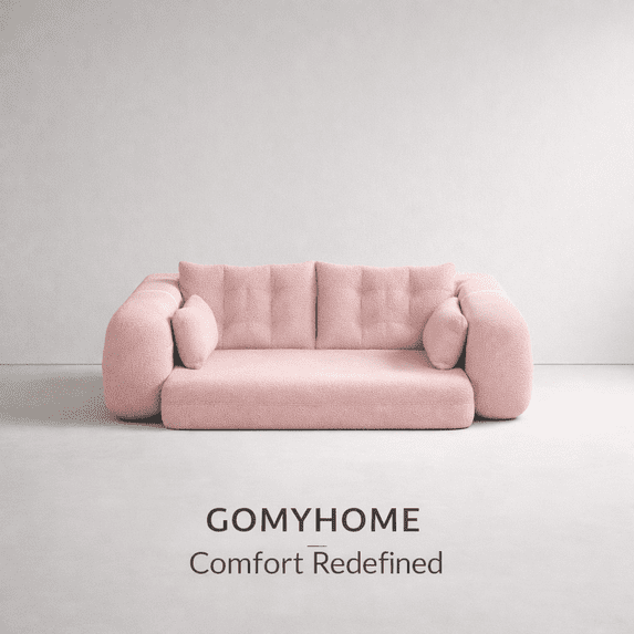 GOMYHOME 78.7" Teddy Fabric 3-in-1 Floor Sofa Bed, Foldable Sleeper Couch Pink