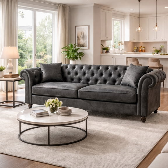 GOMYHOME 83" Chesterfield 3-Seater Sofa, High-Tech Faux Leather, Tufted Back Rolled Arms, Black