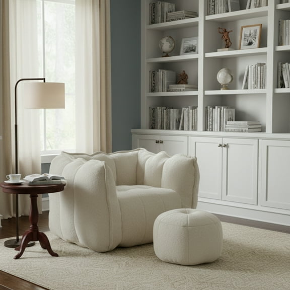 GOMYHOME Cloud Boucl Accent Chair and Ottoman Set, Oversized Deep Seat, Channel Tufted, Cream