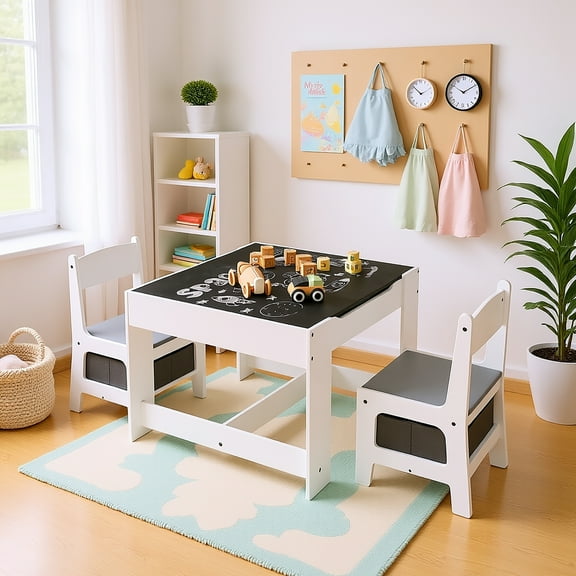 GOMYHOME Kids 3-in-1 Activity Table and 2 Chair Set with Storage Bins, Chalkboard & Play Sand Table