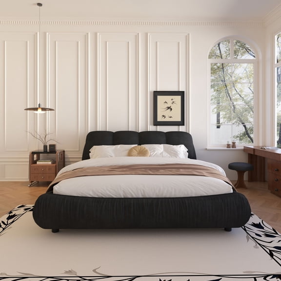 GOMYHOME King Size Luxury Upholstered Platform Bed with Oversized Padded Backrest and Solid Wood Fra