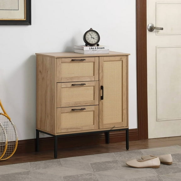 GOMYHOME Mid-Century Storage Cabinet with 3 Drawers & Rattan Doors, Adjustable Shelves