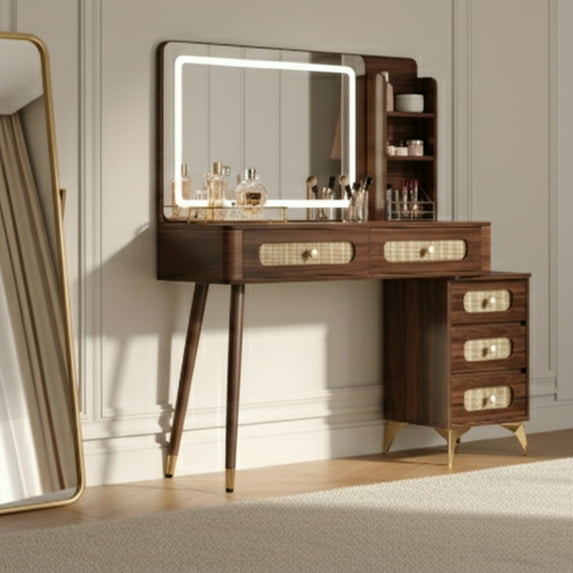 GOMYHOME Mid-Century Vanity Desk with Mirror and Storage Drawers, Walnut & Gold