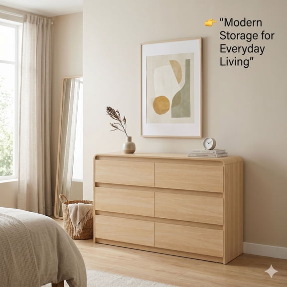 GOMYHOME Modern 6 Drawer Dresser, Wood Storage Cabinet with Rounded Corners, Oak