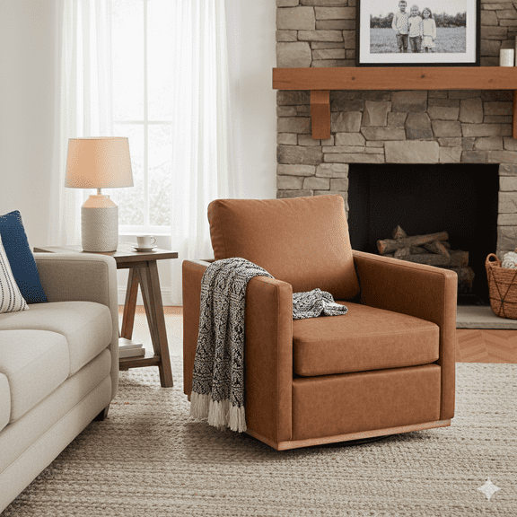 GOMYHOME Modern Faux Leather Swivel Accent Chair, 360 Living Room Armchair, Cognac Brown