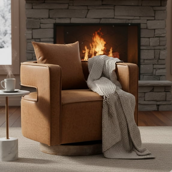 GOMYHOME Modern Faux Leather Swivel Lounge Barrel Armchair with Pillow, Brown