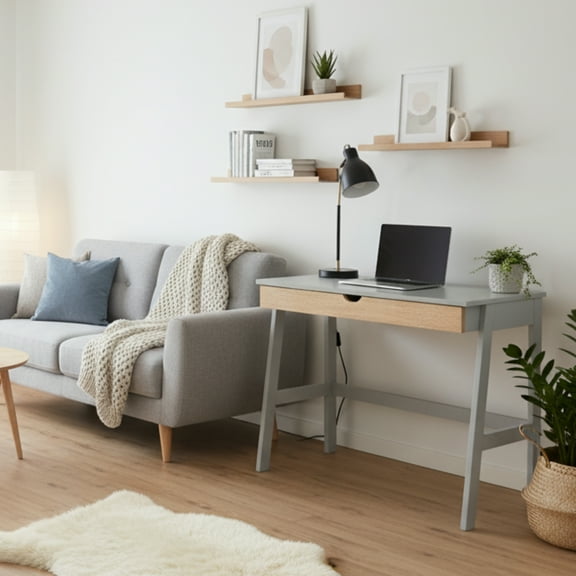 GOMYHOME Modern Writing Desk with Storage Drawer, Compact Scandinavian Style Computer Study Table, Gray/Natural