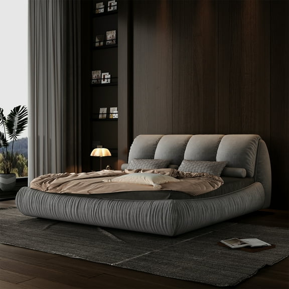 GOMYHOME Queen Size Luxury Upholstered Platform Bed with Oversized Padded Backrest and Solid Wood Fr