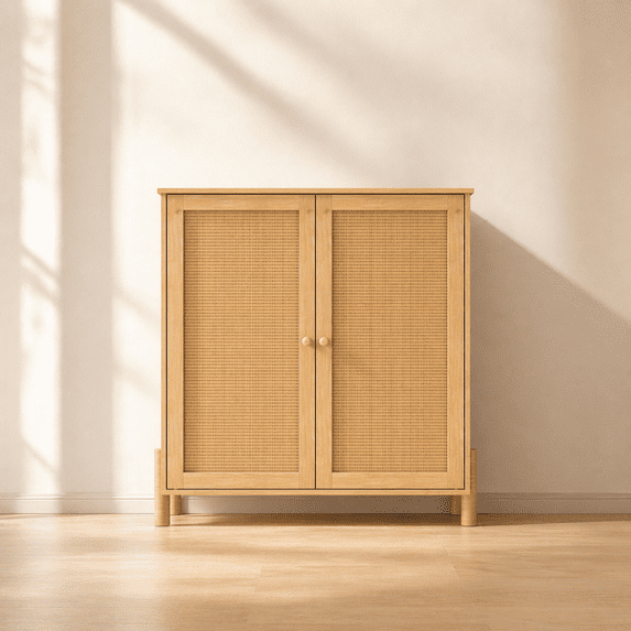 GOMYHOME Rattan Storage Cabinet, 2-Door Wood Accent Cabinet with Shelf, Natural Oak Finish