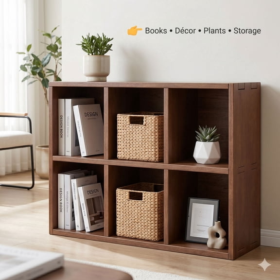 GOMYHOME Solid Wood 6-Cube Bookshelf Storage Organizer Display Cabinet, Walnut