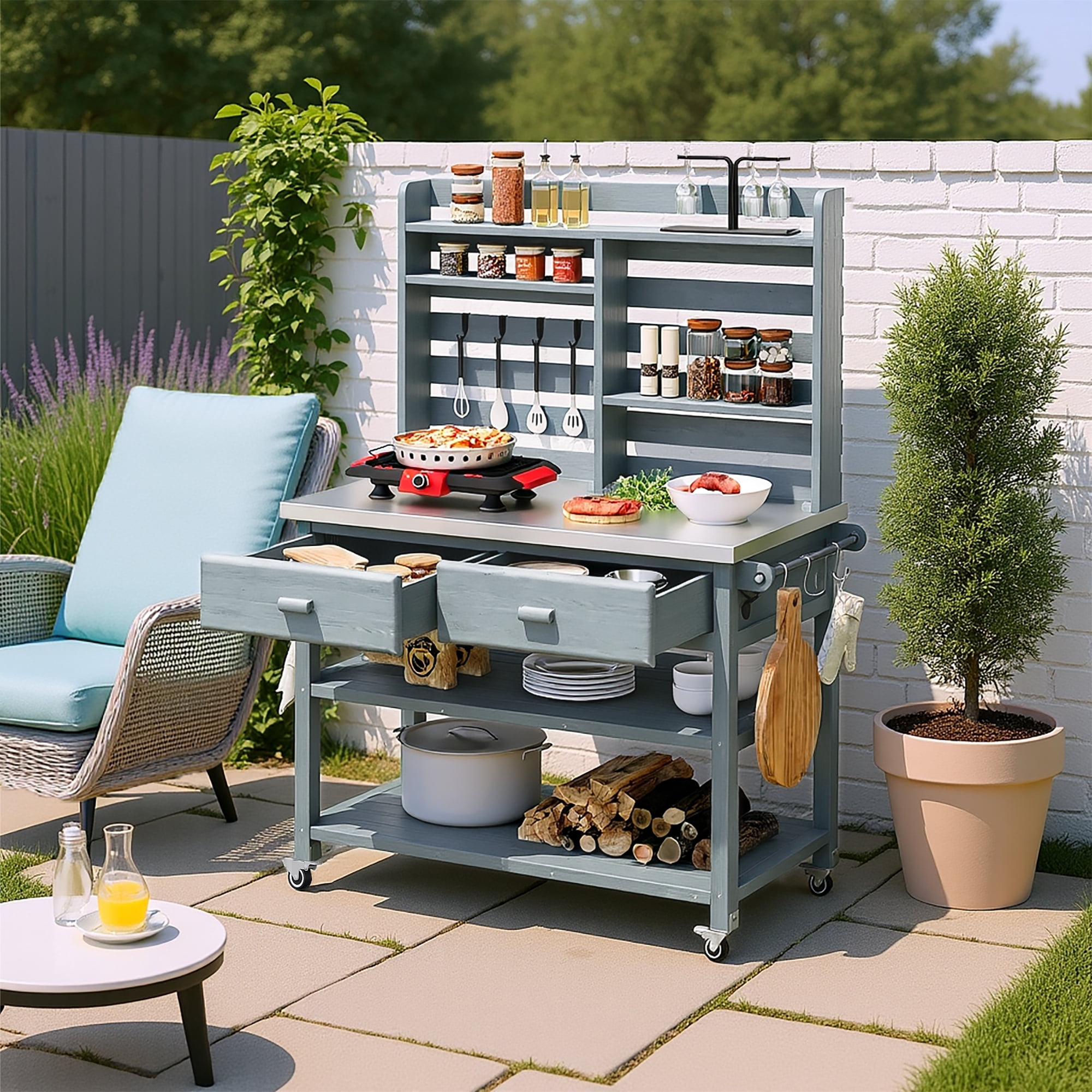 GOMYHOME Solid Wood Outdoor Kitchen Island with Upper Hutch and ...