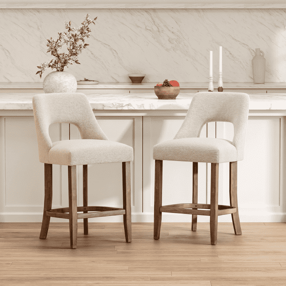 GOMYHOME Upholstered Counter Height Bar Stools Set of 2, Modern Beige Fabric Bar Chairs with Solid Wood Legs