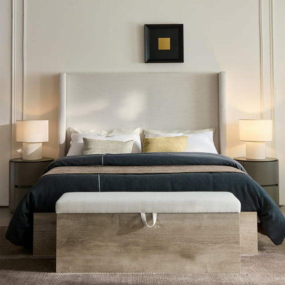 GOMYHOME Upholstered Flip Top Storage Bench, Ivory Chenille with Rustic Oak Base, 46"