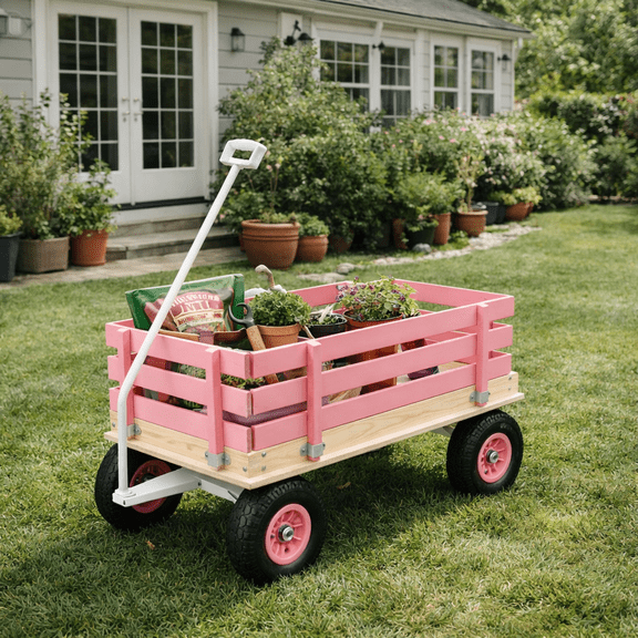 GOMYHOME Wooden Utility Wagon with Removable Rails, All-Terrain Wheels, Pink