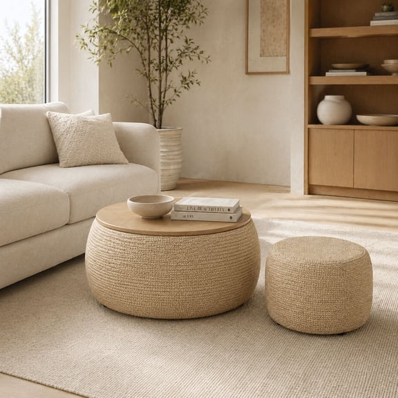GOMYHOME Round Rattan Storage Ottoman with Lid, 3-in-1 Seat, Hidden Storage & Side Table, Natural