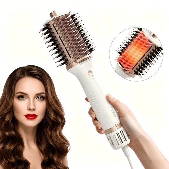 5-in-1 Hair Dryer Brush & Hot Air Styler for Wet & Dry Hair, Ionic Blow Dryer Brush with PTC Heated Comb, Volumizer, Straightener & Curler for Frizz-Free Hair, One-Step Salon Styling, Pearly White