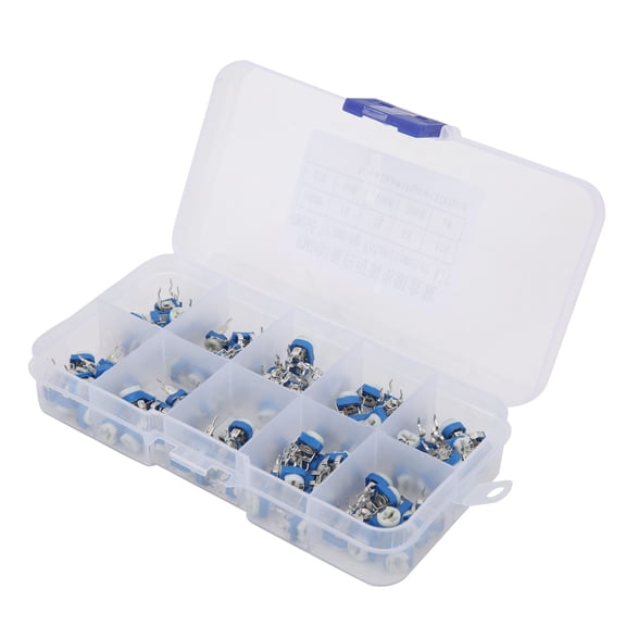 GONCON 100Pcs Variable Resistor Trimmer Potentiometer Kit, Electronic Component RM065 Blue White, 10 Values 500R to 1M Ohm Assortment with Storage Box for Household Appliances & Security Industries