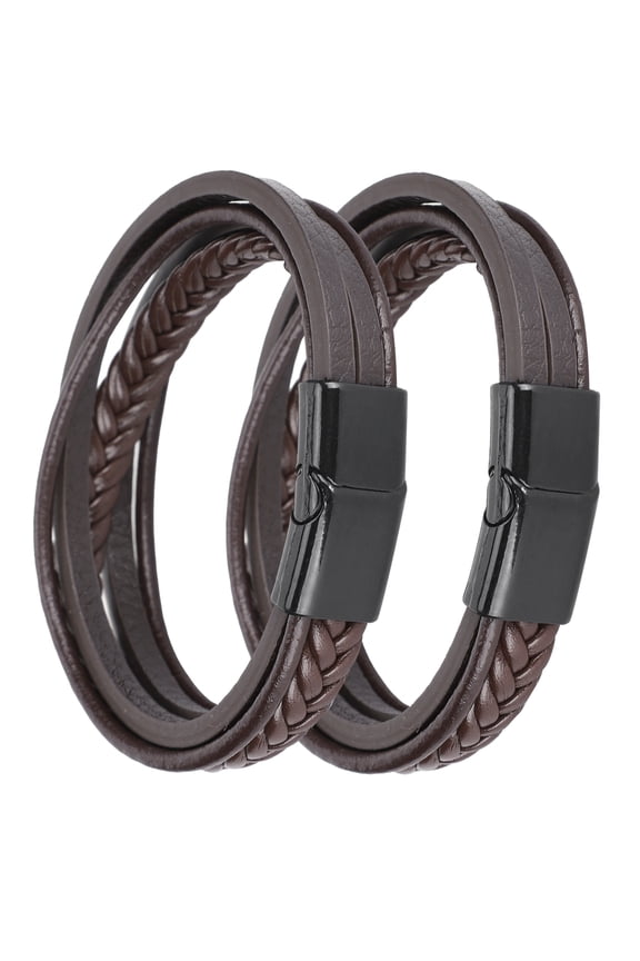 2Pcs Casual PU Leather Bracelet Woven Magnet Clasp Vintage Fashion Craft Decoration Brown Leather Black Buckle 8.1 inches / 20.5 cm