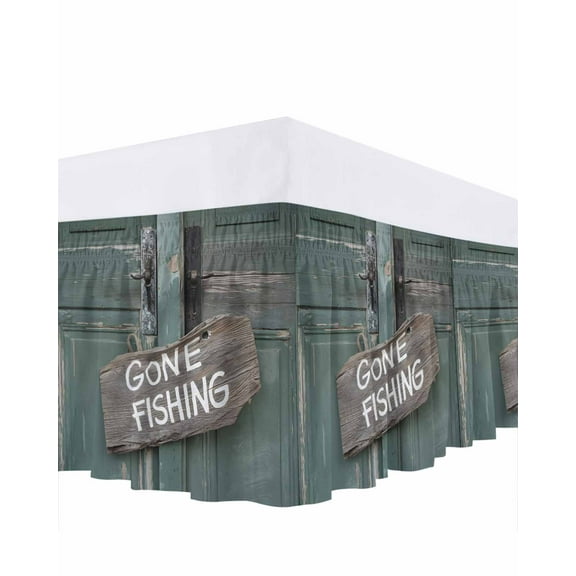 GONE FISHING Bed Skirt Bronze Wood Grain Vintage Farmhouse Bed Skirts Queen Size 16 Inch Drop, Wrap Around Dust Ruffle Bedskirt with Adjustable Elastic Belt for Queen Size Beds