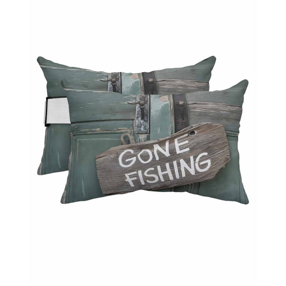 GONE FISHING Outdoor Head Resting Pillows with Insert Bronze Wood Grain 2 Pack Waterproof Lumbar Pillows with Adjustable Elastic Strap for Patio Recliner Chaise Beach Chair, 11"x16"