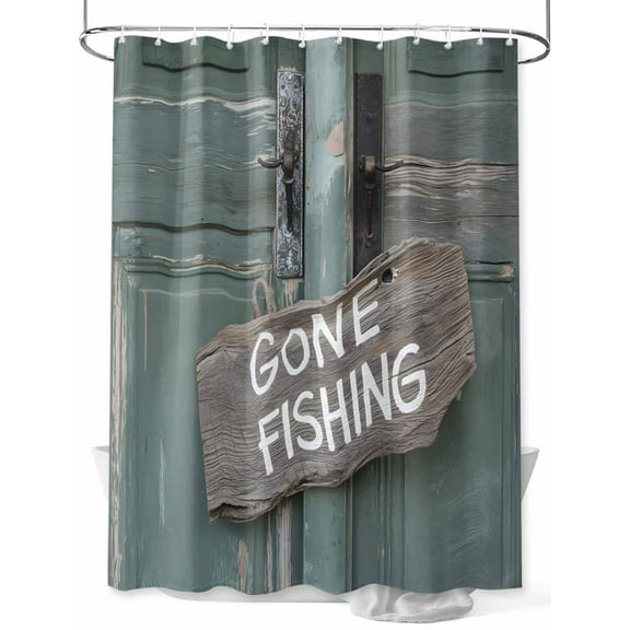GONE FISHING Shower Curtain, Bronze Wood Grain Vintage Farmhouse Waterproof Shower Curtain Set with 12 Hooks Lightweight Washable Fabric Shower Curtains for Bathroom 36x72 Inches
