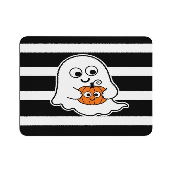 GONGXIFACAI Autua Cute Ghost Holding Pumpkin Striped Print、 Mouse Pad, Square Smooth Surface Desk Mat, Stitched Edge for Office, Laptop, Computer, Home,