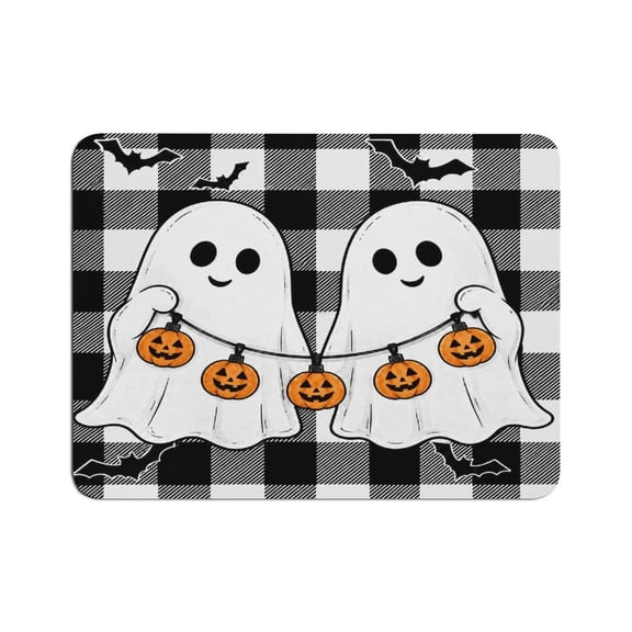 GONGXIFACAI Autua Two Ghosts Pumpkin Garland Buffalo Plaid Mouse Pad, Square Smooth Surface Desk Mat, Stitched Edge for Office, Laptop, Computer, Home,
