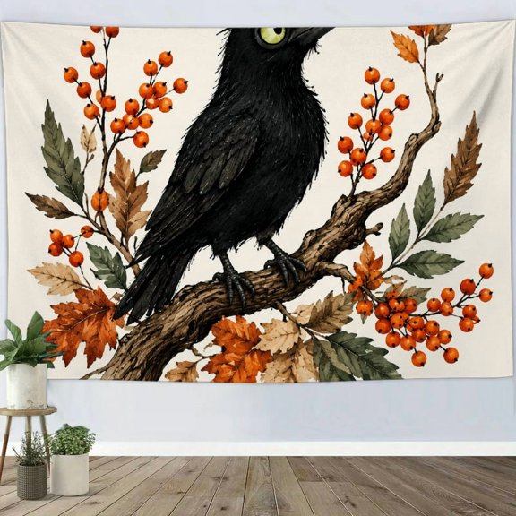 GONGXIFACAI Crow Autumn Berry Branch  Bedroom Dorm Living Room Office Apartment Home, 100% Polyester Printed Tapestry Wall Hanging,  Polyester Fabric Wall Hanging Decor