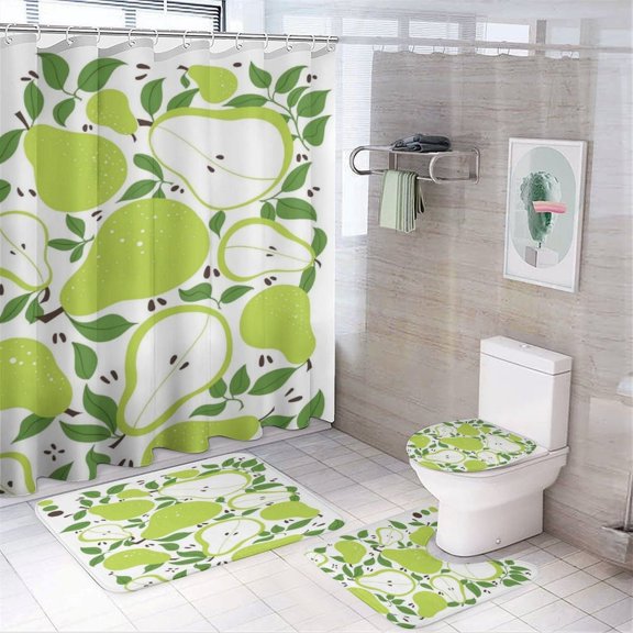 GONGXIFACAI Green Pear Leaf Pattern Shower Curtain Set 4 Piece with Soft Bathroom Rugs, Carpet, Toilet Seat Cover Pad and Anti-slip U-shaped Pad,