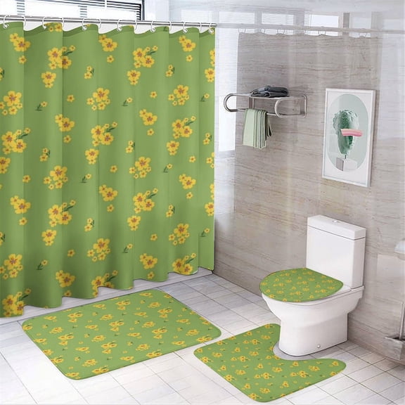 GONGXIFACAI Green Yellow Ditsy Floral Pattern Shower Curtain Set 4 Piece with Soft Bathroom Rugs, Carpet, Toilet Seat Cover Pad and Anti-slip U-shaped Pad,