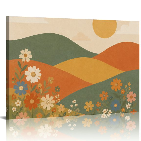 GONGXIFACAI Mountain Floral Sun Landscape  HD Print Framed Canvas Wall Art,  Ready An Excellent Gift Choice, Wall Art Suitable For Living Room Bedroom Kitchen Classroom Studio Family