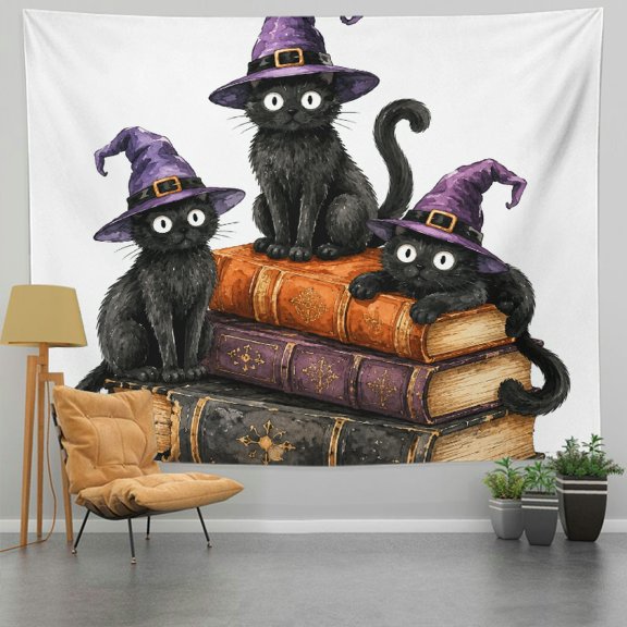 GONGXIFACAI Printed Tapestry Wall Hanging, Three Witch Cats Stacked Spell Books Print Polyester Fabric Wall Hanging Decor, Bedroom Dorm Living Room Office Apartment Home