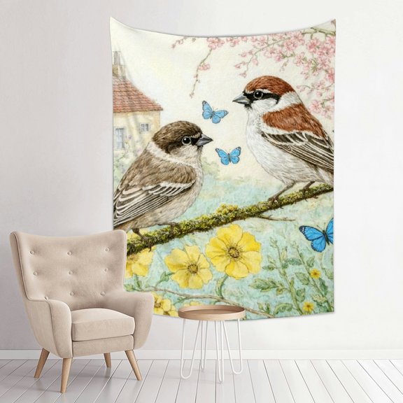 GONGXIFACAI Sparrows & Blue Butterflies on a Branch Tapestry, 100% Polyester Polyester Print Wall Hanging Tapesties Decor for Adults And Family , Tapestry Bedroom Dorm Living Room