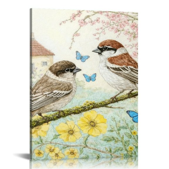 GONGXIFACAI Sparrows & Blue Butterflies on a Branch Wall Art, HD Print Canvas Wall Art, Wall Art Ready Hang Bedroom Dorm Living Room