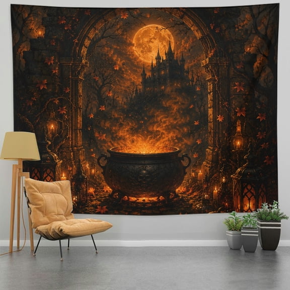 GONGXIFACAI Stone Arch Magic Cauldron Castle View Printed Tapestry Wall Hanging, 100% Polyester Bedroom Dorm Living Room Office Apartment Home, Polyester Fabric Wall Hanging Decor