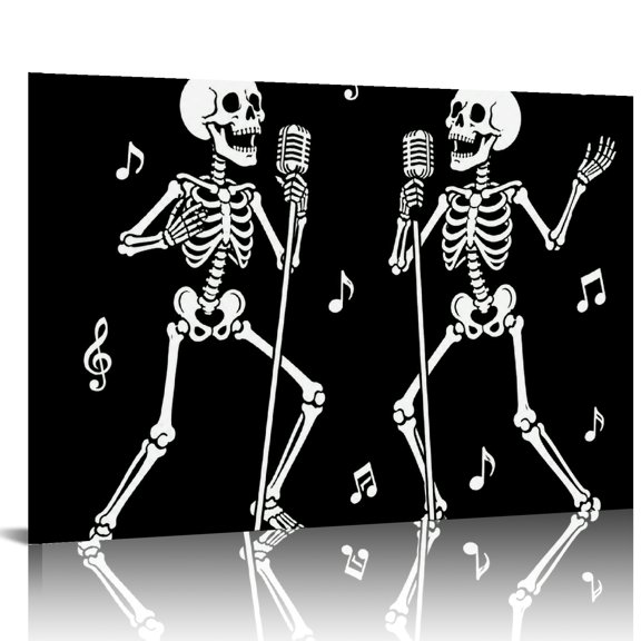 GONGXIFACAI Two Singing Skeletons Microphone Silhouette  Ready An Excellent Gift Choice,  HD Print Framed Canvas Wall Art, Wall Art Suitable For Living Room Bedroom Kitchen Classroom Studio Family