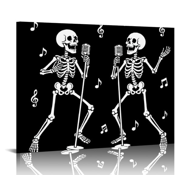 GONGXIFACAI Two Singing Skeletons Microphone Silhouette Wall Art,  HD Print Framed Canvas Wall Art,  Ready An Excellent Gift Choice Suitable For Living Room Bedroom Kitchen Classroom Studio Family