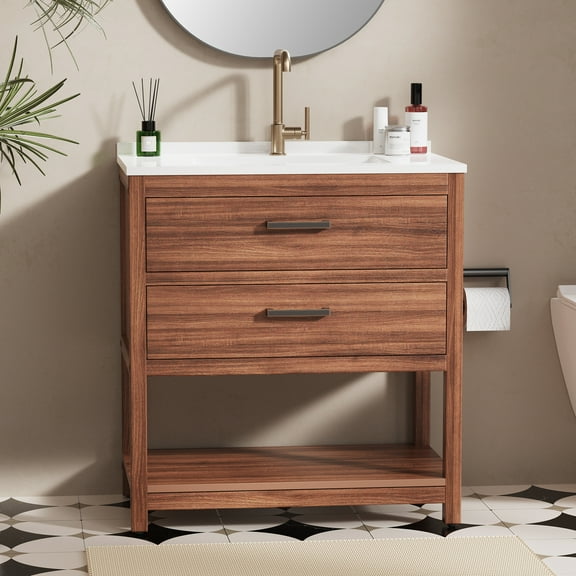 GONICHA 30 Inch Bathroom Vanity with Sink, Waterproof Poly Lumber Storage Cabinet with Drawers and Open Shelf, Adjustable Legs,Brown