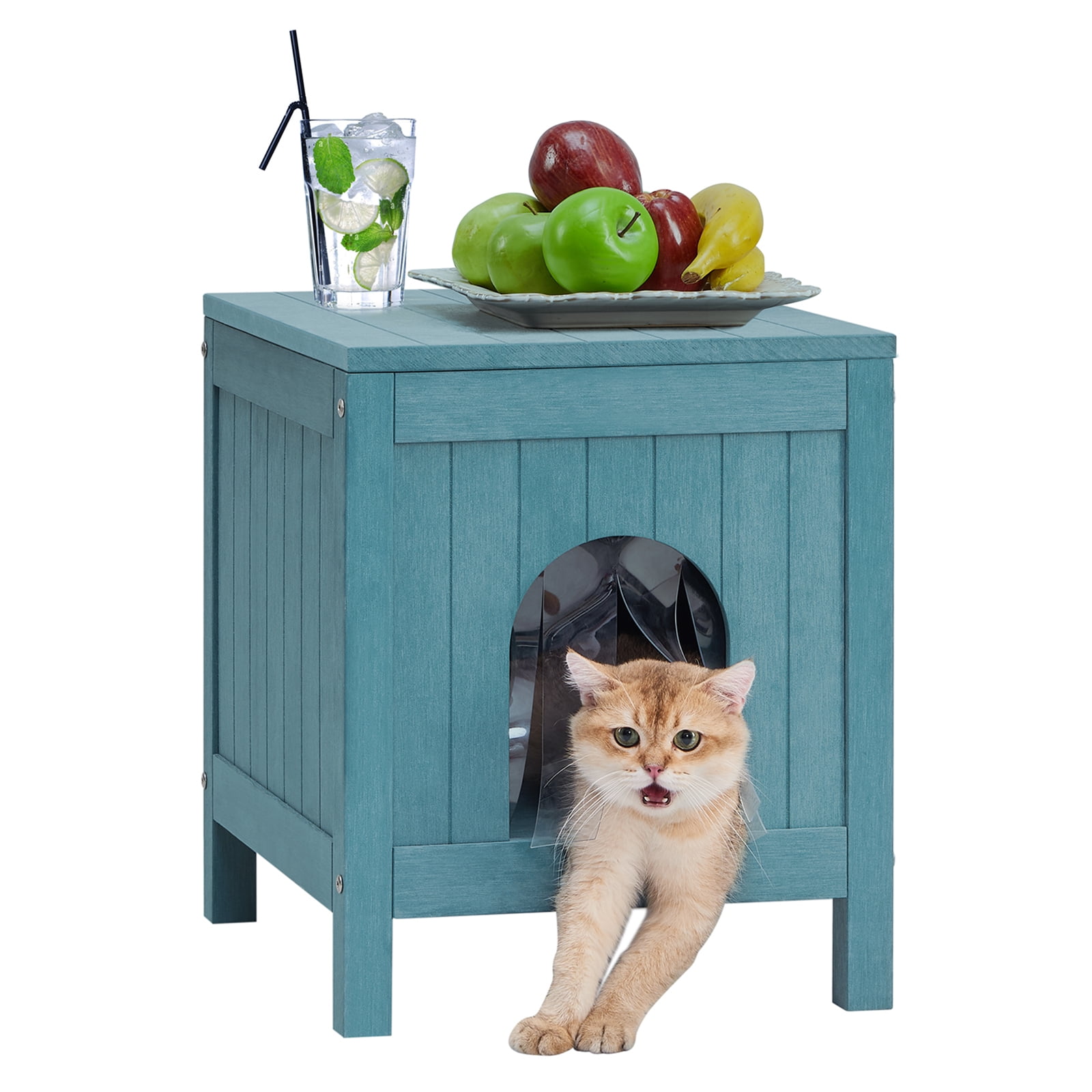 GONICHA Insulated Cat House, Weatherproof Poly Lumber Outdoor Cat House, Moisture-Proof Elevated Cat Shelter with Side Table Function, Openable Roof to Easy Cleaning Cat Houses for Outdoor Cats-Blue