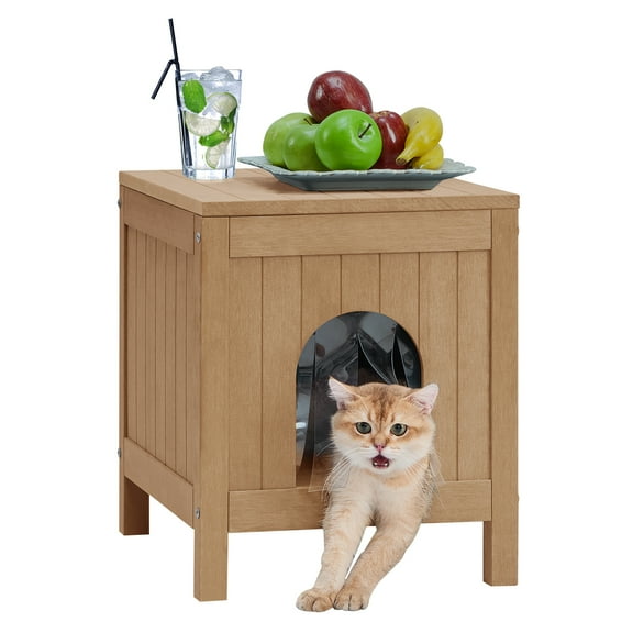 GONICHA Insulated Cat House, Weatherproof Poly Lumber Outdoor Cat House, Moisture-Proof Elevated Cat Shelter with Side Table Function, Openable Roof to Easy Cleaning Cat Houses -Teak Color