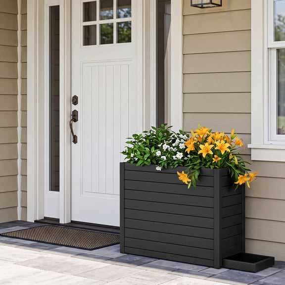 GONICHA Outdoor Planter Box with Removable Drip Tray, All-Weather Large Rectangular Planter for Outdoor & Indoor, Black