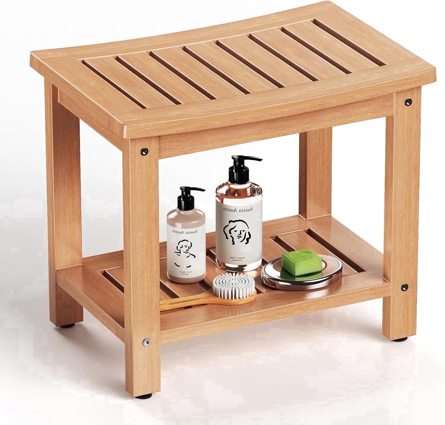 Kaleemen Shower Bench with Storage Shelf, Waterproof & Non-Slip Design Shower Stool for Bathroom, Living Room,Teak Color