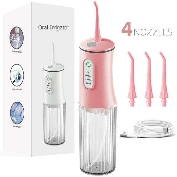 Gonramedo Cordless Water Flosser for Teeth with 4 Modes and 4 Jet Tips, 220mL Tank USB Rechargeable Dental Oral Irrigator for Home and Travel, Pink