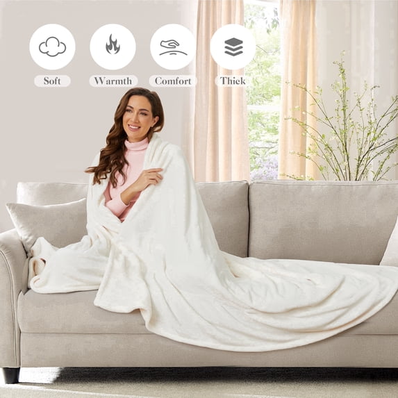 GONUES Heated Throw Blanket 50"x 60" Soft Warm Flannel Fast Heating Blanket, 4 Fast Heating Levels & 3H Auto off-White
