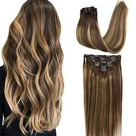 GOO GOO 7pcs 120g Hair Extensions Clip in Human Hair Remy Ombre Chocolate Brown to Caramel Blonde Balayage Clip in Human Hair Extensions Natural Hair Extensions Straight Real Hair Extensions 20 i