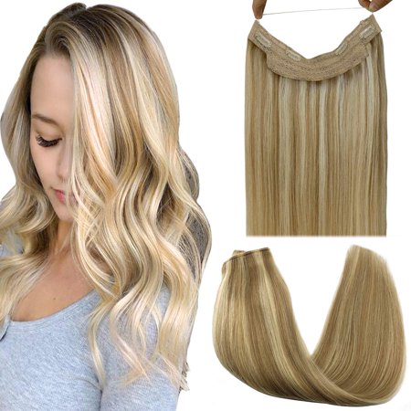 GOO GOO Halo Hair Extensions Human Hair Extensions Natural Black 20 Inch 100g Hairpiece Remy Hair Extensions Flip in Straight Hidden Crown Wire Hair Extensions with Transparent Fish Line I