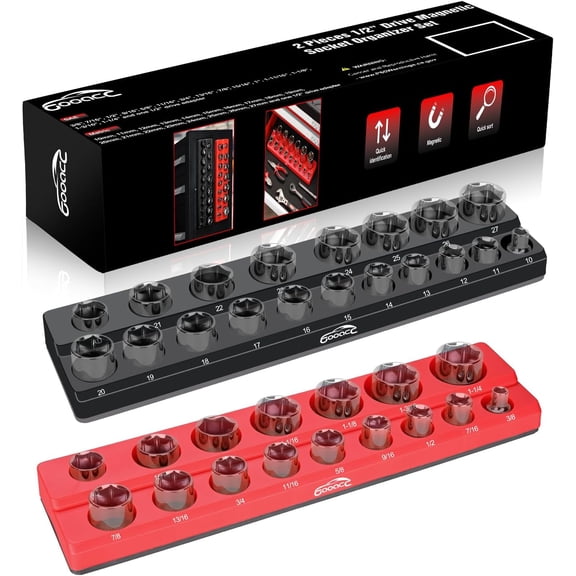 GOOACC 1/2" Magnetic Socket Organizer Set, 2 Pieces Metric & SAE Socket Drive Holders, 1/2 inch Drive Socket Organizer Trays Holds 35 Standard Sockets for Tool Box