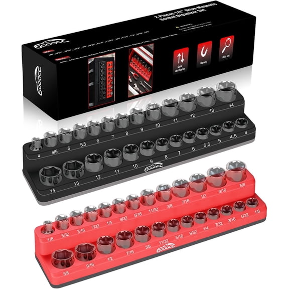 GOOACC 1/4" Magnetic Socket Organizer, 2 Pieces Socket Holder Metric SAE Socket Tray, 1/4 inch Socket Organizer Tray Holds 52 Standard Sockets for Tool Box Drawer