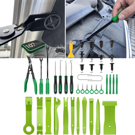 GOOACC 102-Piece Auto Trim Removal Tool Kit with Nylon Bumper Retainer Clip Set, Fastener Terminal Remover, Car/Radio Panel Pry Tool, Round Handle Crowbar, Green
